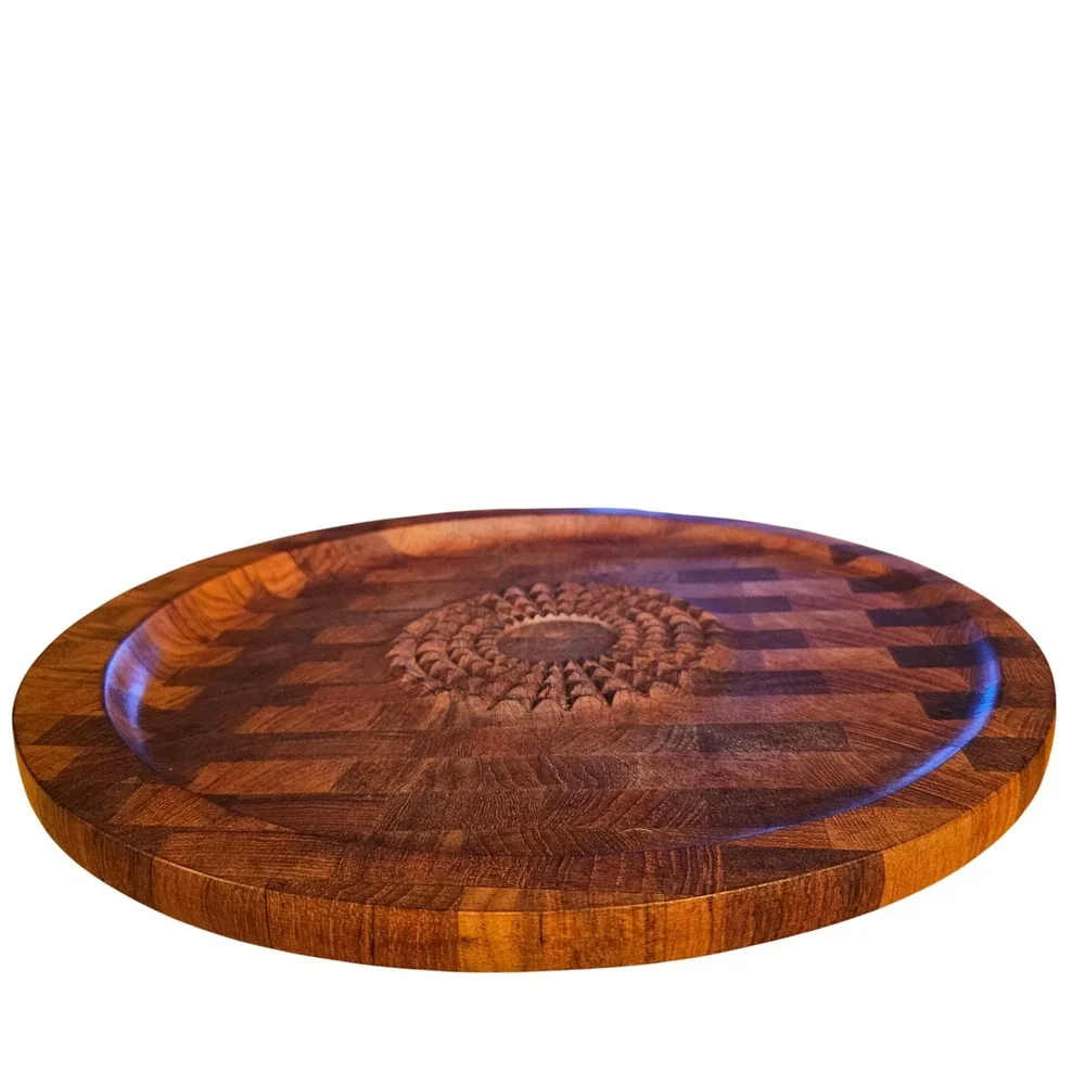 Vintage Digsmed Denmark Teak Serving Tray 1964 Carved Sunburst MCM Butcher Block
